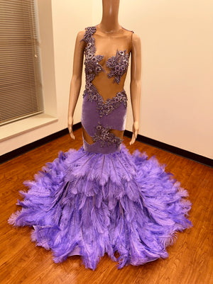 Lavender ostrich feather Prom￼ gown with lavender rhinestones