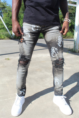 Sliver/gray skinny fit distressed SO print jeans
